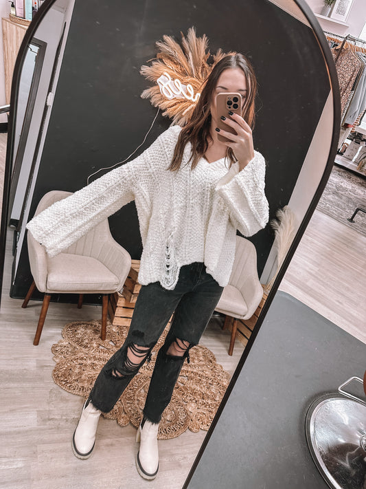 Distressed White Sweater